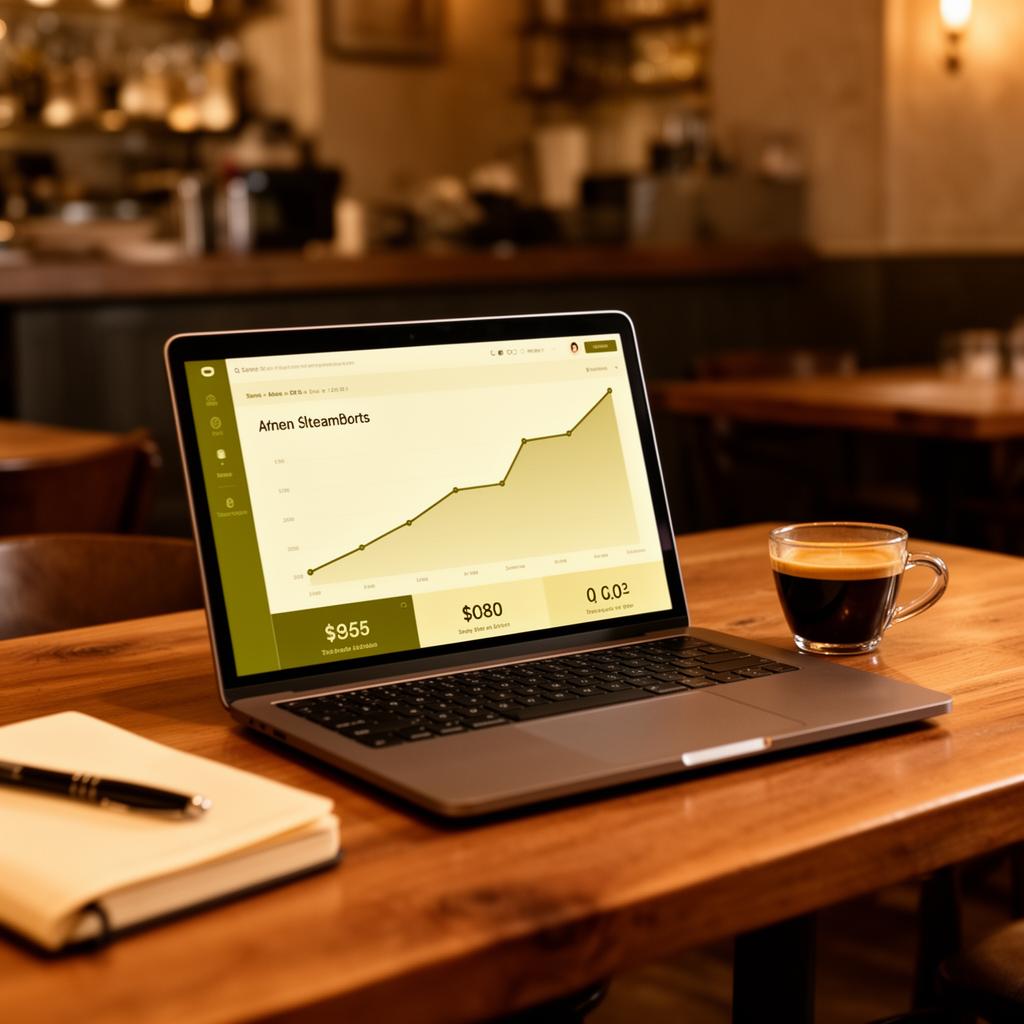 A laptop on a restaurant table showing a revenue chart and key metrics