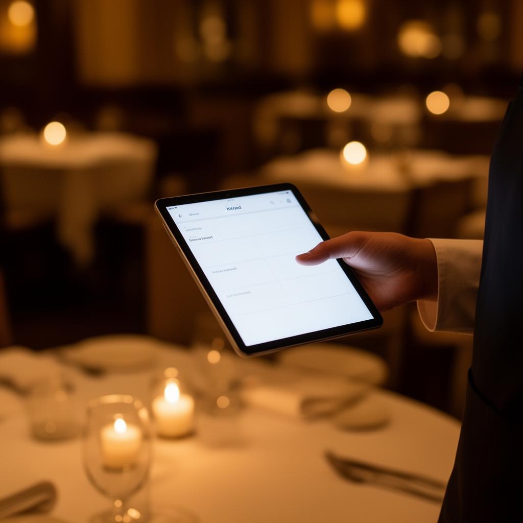 A server holding a slim POS terminal in a candlelit dining room